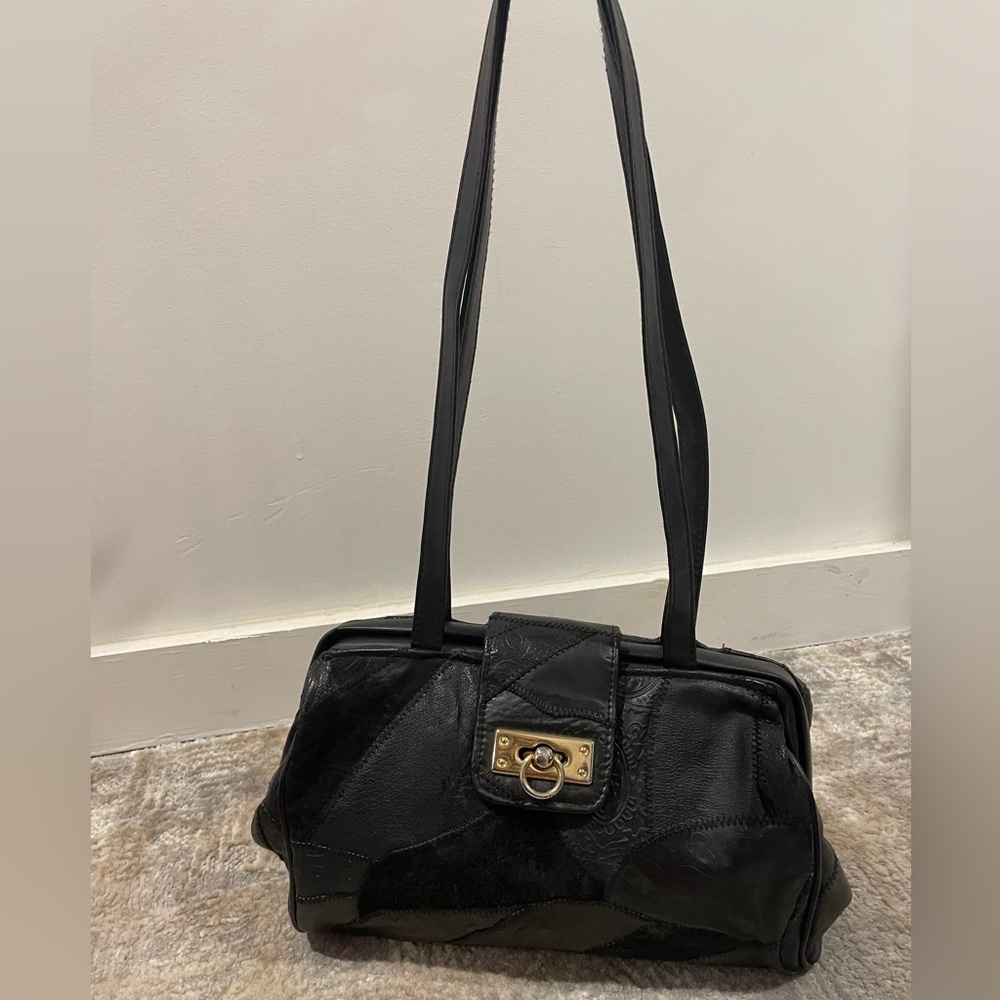 Vintage Black Patchwork Shoulder Handbag Purse Bag Gladstone Doctor Bag Opening